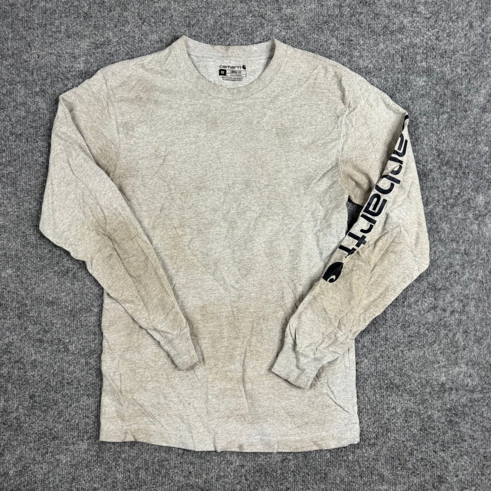 Carhartt T-Shirt Mens XS Grey Loose Fit Long Sleeve Logo Graphic Stained Work